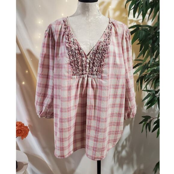 Fashion Bug Tops - Fashion Bug Plaid V-Neck Ruffle Button Popover Blouse Plus Size 3X 1/2 Sleeve